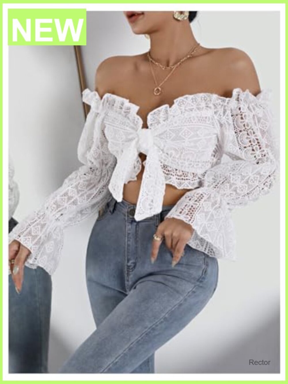 Deep V Neck Ruffle Trim Bell Sleeve Tie Front Lace Crop Top - Picture 4 of 5